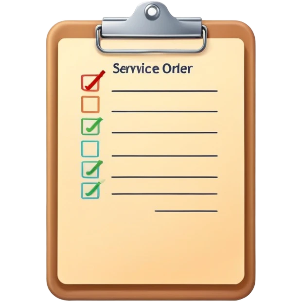 clipboard holding a simplified service order paper with faint lines, with a small checkmark symbol, clean vector art, bright colors, isolated emoji