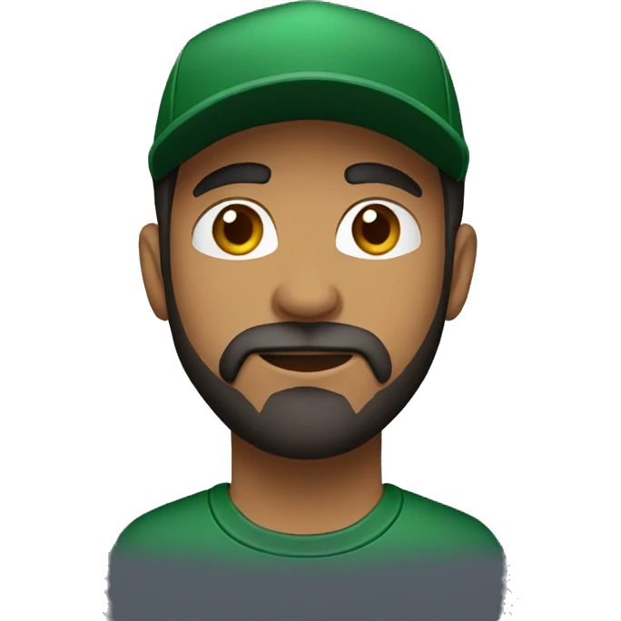 brown man with a dark beard, dark eyes, dark green t-shirt and a black cap emoji