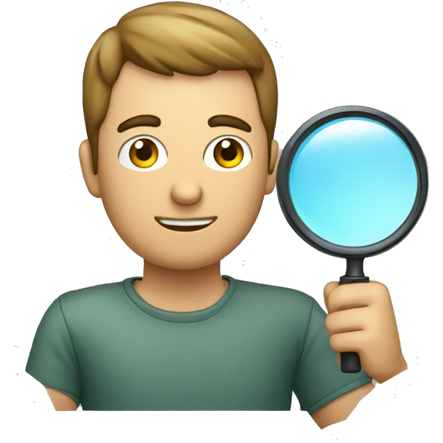 man using magnifying glass to read a computer screen emoji
