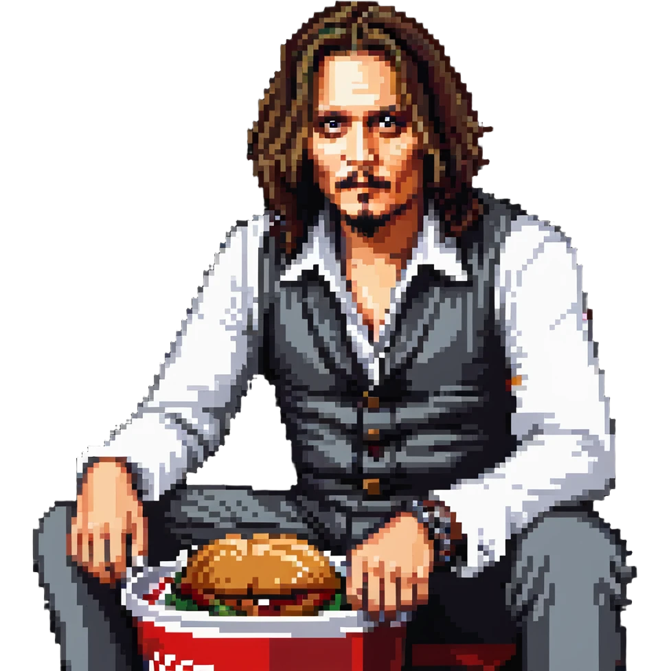 Johnny Depp sitting in a KFC bucket, long hair, goatee emoji