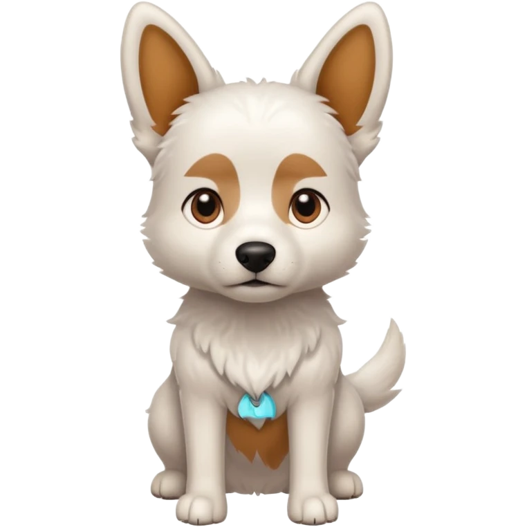 a completely white dog with brown eyes, a long, medium-sized body, and ears with small brown specks on them. emoji