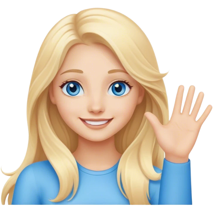 A beautiful blonde girl with long hair, blue eyes and a sweet smile arm hello emoji