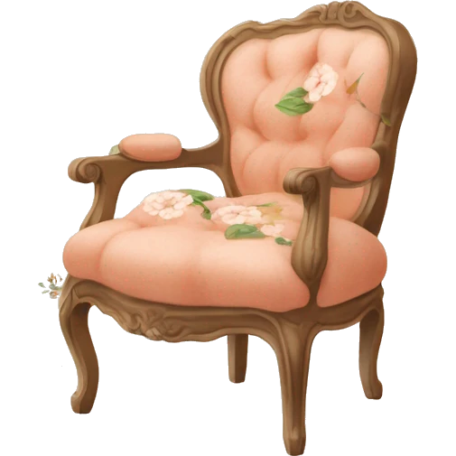 Vintage French chair with Mongolian peach, curly fur on the seat and a vintage peach and white floral on the top in a natural wood frame emoji