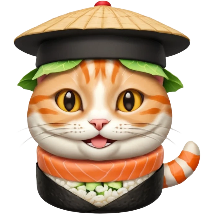 happy cat wearing a hat made out of sushi emoji