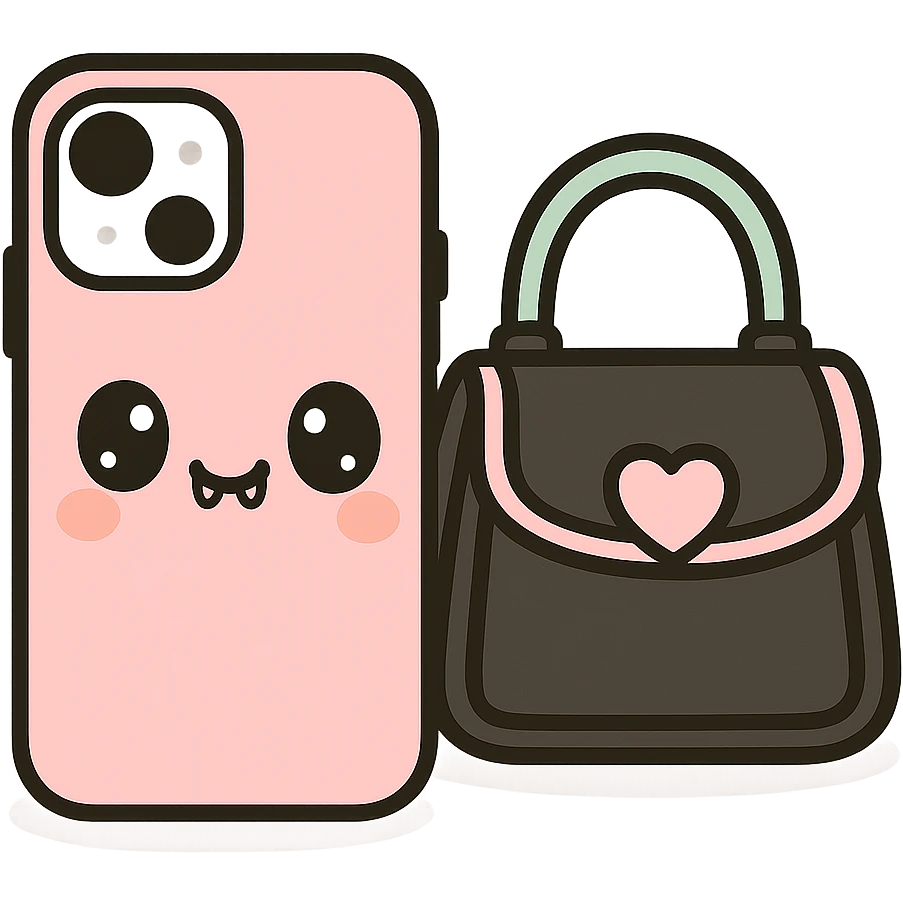 pink and black gothic phone case, kawaii style, big eyes, cute fangs, playful, cartoonish, matches gothic purse emoji
