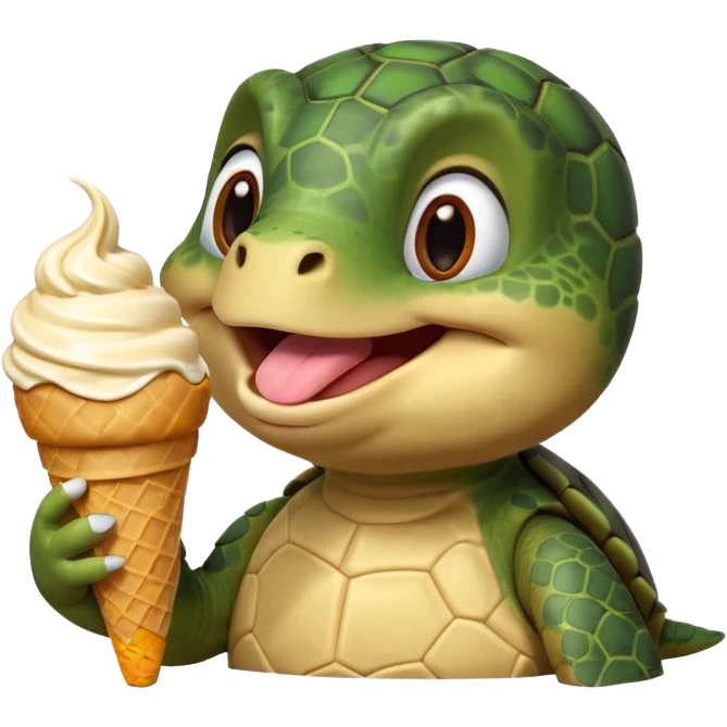 cute turtle portrait, head and shoulders only, licking an ice cream cone, funny happy expression, 3D cartoon, mobile game icon style, clean background, no text, no watermark
 emoji