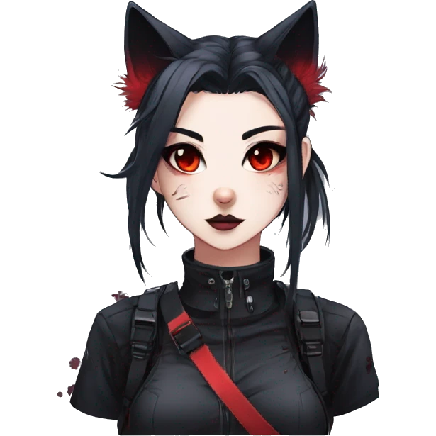 Gorgeous gothic dark techwear anime style anthro cat with blushing face aesthetic and pretty edgy black red punk messy ponytail hair with collar and harness trending style emoji