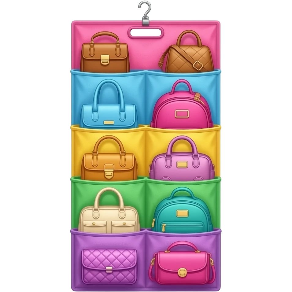 pink, blue, yellow, green, purplea vertical hanging bag organizer, multiple tiers hanging downward, each level holding different bags such as handbags, backpacks, tote bags, and crossbody bags, neatly arranged from top to bottom, inspired by Barbie colour palette emoji