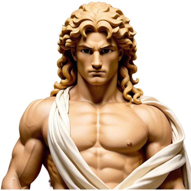 Cinematic Realistic Hercules Portrait, depicted as a classical Greek hero merging the fierce masculinity of the lion-wrestling Hercules with the refined face of Michelangelo's David. His light tan, chiseled skin glows with timeless strength, and his thick, curly, golden brown hair cascades in natural, sculpted curls reminiscent of a warrior’s mane. Draped in a flowing white robe with delicate golden accents and crowned with a traditional Greek laurel wreath, his intense, determined eyes exude noble might, all rendered under dynamic natural lighting with a mythic, radiant glow. emoji