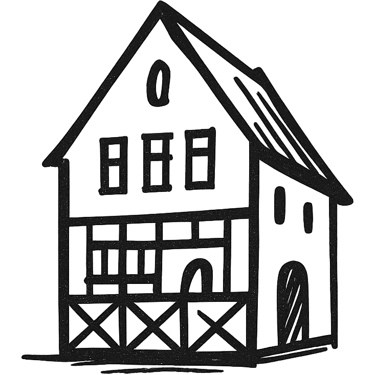 Icon of a house in Kaliningrad, hand drawn, black outlines, no fill, simple and clean, angled view emoji
