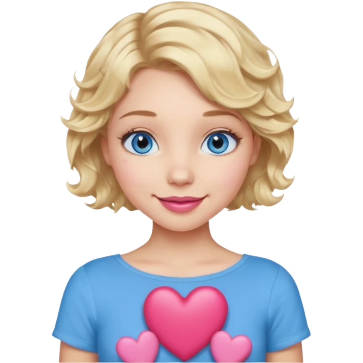 Girl Blonde short wavy hair,  blue eyes, cute blue top, long lashes, pink lips, smiling, holding hearts emoji