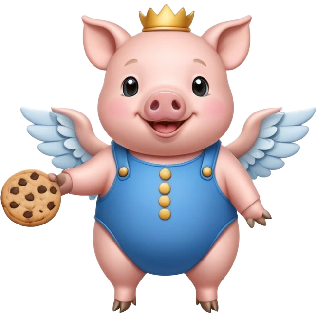 Create a cheerful cartoon character, a pig with a round body, wearing a blue outfit with cookies on its side, and small wings, smiling joyfully emoji
