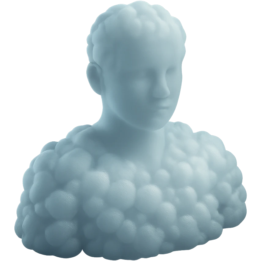 white person facing forward, composed entirely of fluffy, voluminous clouds up to the shoulders, matte glass style emoji