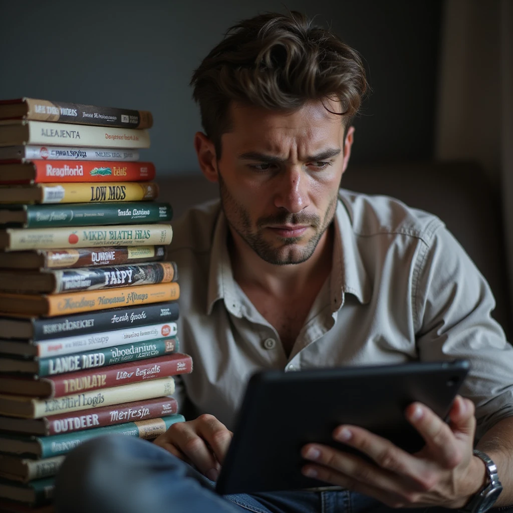 man seeking motivation watching fitness videos on a tablet with a pile of food diaries full of failed attempts next to him, tired expression, 4K details emoji