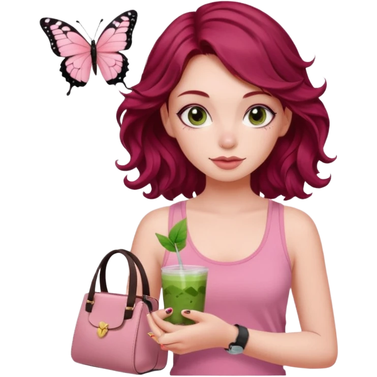 a pretty fair bratz girl with wavy dark red hair, wearing a pink tank top , carrying a matcha and a pink bag. eyeliner on. butterfly tattoo on arm emoji