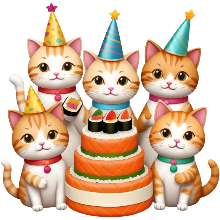six cats celebrating one cat's birthday party, all cats holding pieces of sushi, birthday cake, party hats, and decorations emoji