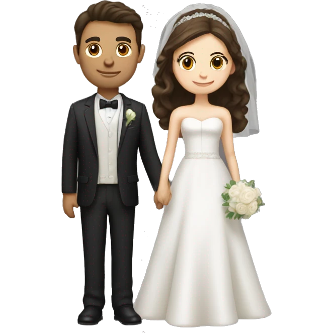 Bride with brown hair and groom with dark hair. Both are Caucasian. Groom isa little taller than the bride.  emoji