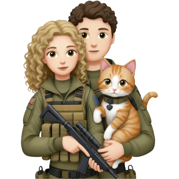 A white boy with long, curly hair. He is wearing tactical gear and holding his girlfriend and a cat (his girlfriend is wearing regular women's clothes). emoji