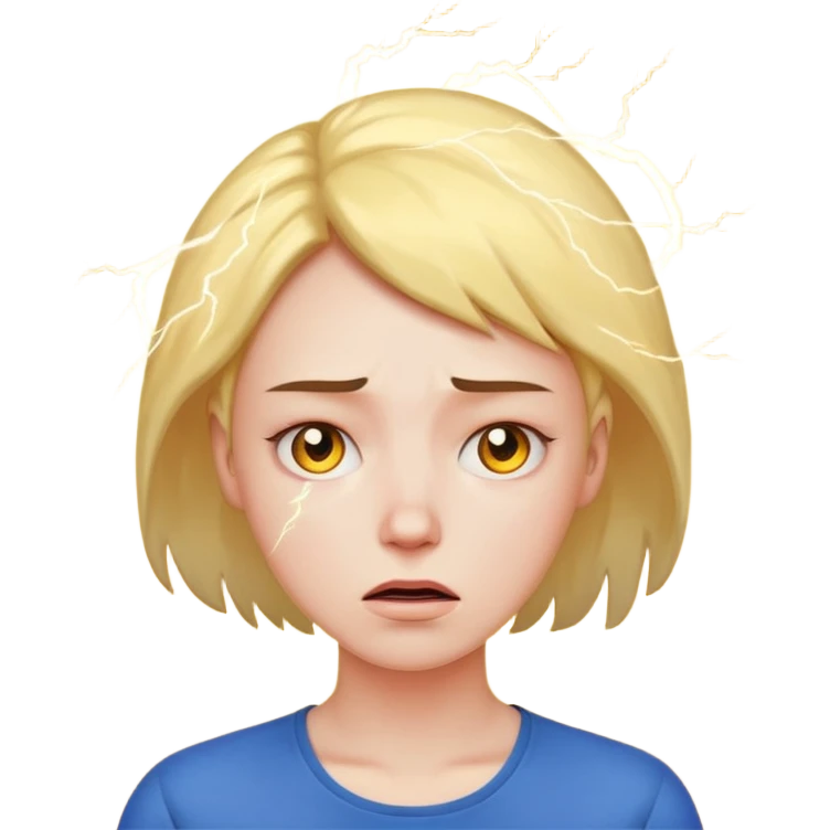 stressed woman with lightning symbol near head, tired face, calm emoji colors, shows stress and cortisol effect on skin emoji