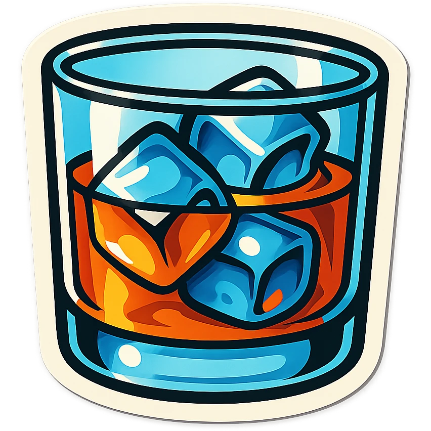 whiskey glass with ice cubes, retro stickers style, clear black outlines, expressive shadows and highlights, no gradients, only sharp color transitions, side view emoji