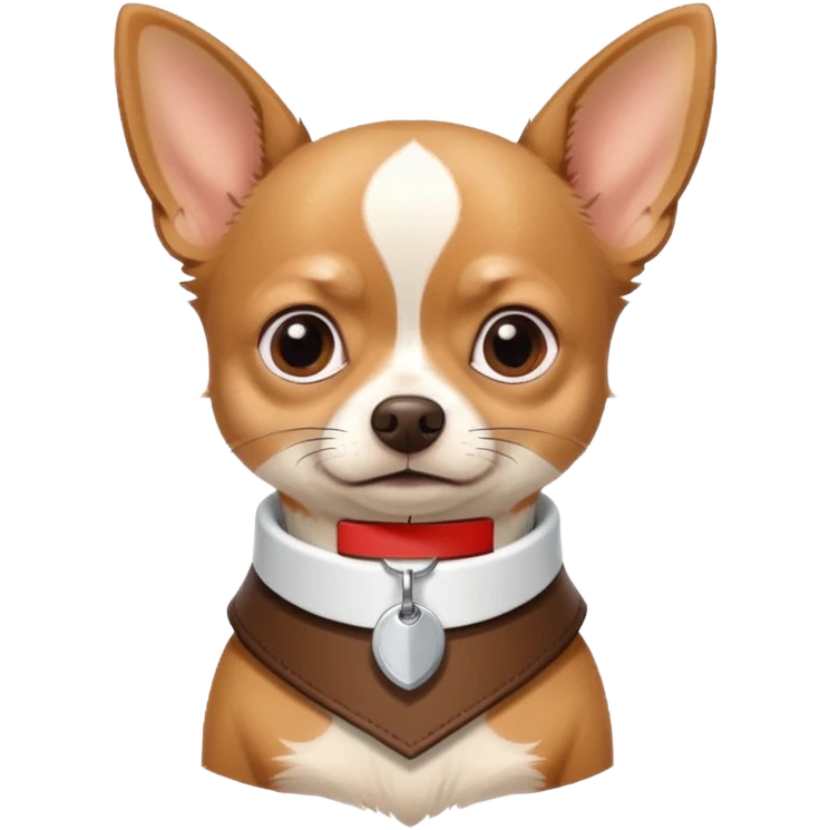 Chihuahua wearing a collar that reads CHUG emoji