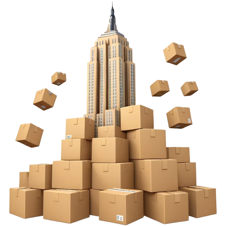 Empire State Building with plain boxes tumbling down, dynamic, fun emoji