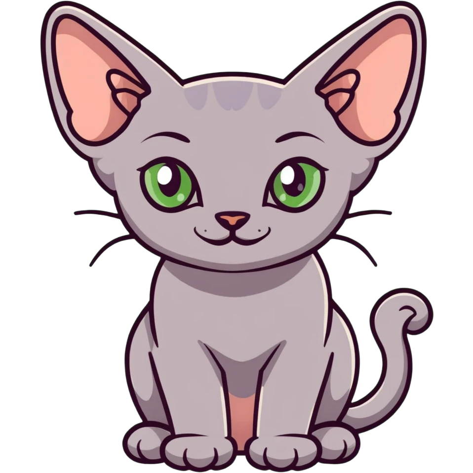gray hairless Sphynx cat with green eyes, smiling emoji