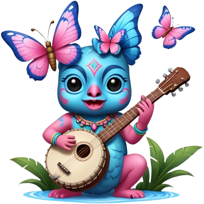 Pixar style little Blue and pink tiki singing with a butterfly and playing a banjo, ultra detailed and lifelike imagery, realistic emoji