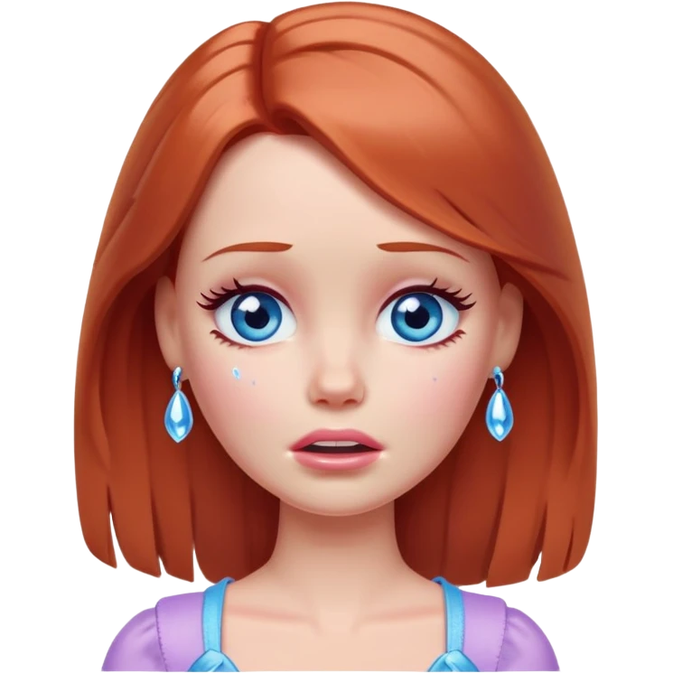 Barbie girl Chestnut-red Shoulder-length hair and blue eyes is In pale purple crying with tears  emoji