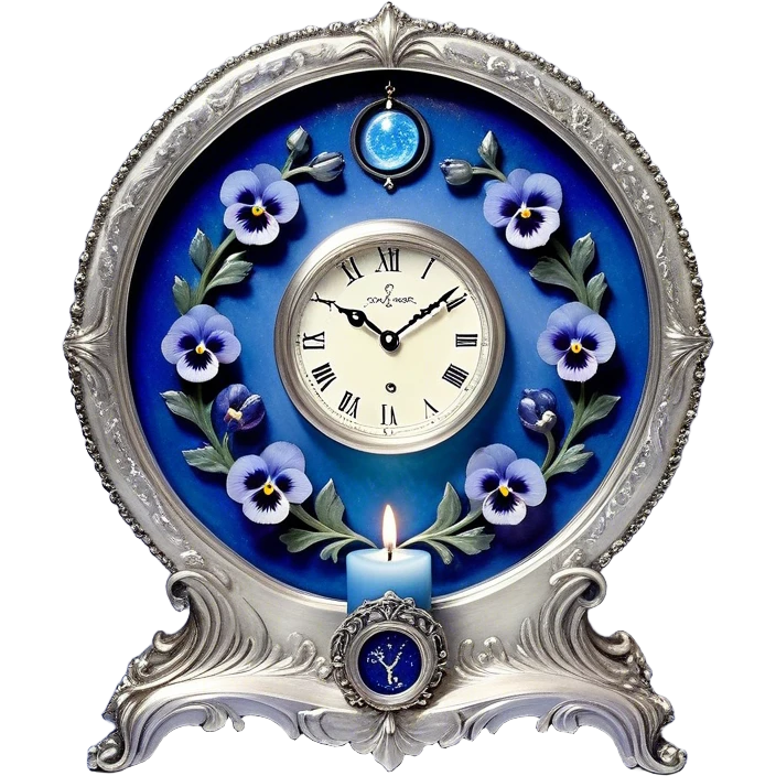 An enchanting, mystical setting where blue pansies, tinged with streaks of light blue, bloom beneath a radiant silver crescent moon. A pearl-colored candle stands on an ornate silver plate, its wax melting into swirling patterns resembling planetary orbits. The background features an astrological clock, its delicate hands tracing cosmic cycles as faint zodiac constellations shimmer against a twilight sky. Floating celestial charts inscribed with ancient symbols weave through the air, illuminated by the soft blue glow of distant stars. A mystical aura surrounds the scene, as if whispering secrets of destiny and the universe’s grand design. emoji