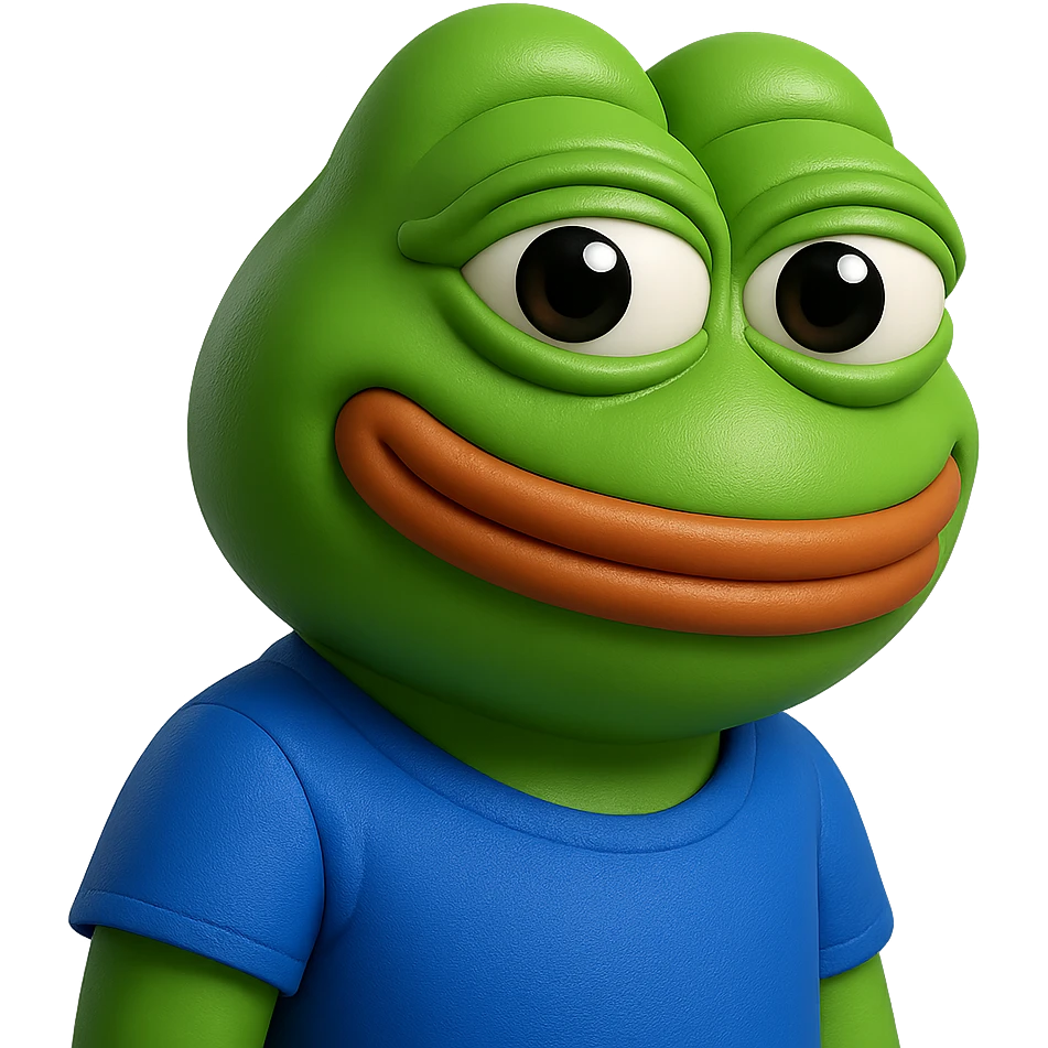 pepe in
- 3d style
- bright green
- blue shirt
- smiling
- looking straight at the camera
- good highlights and shadows
- 30deg angled towards the left emoji