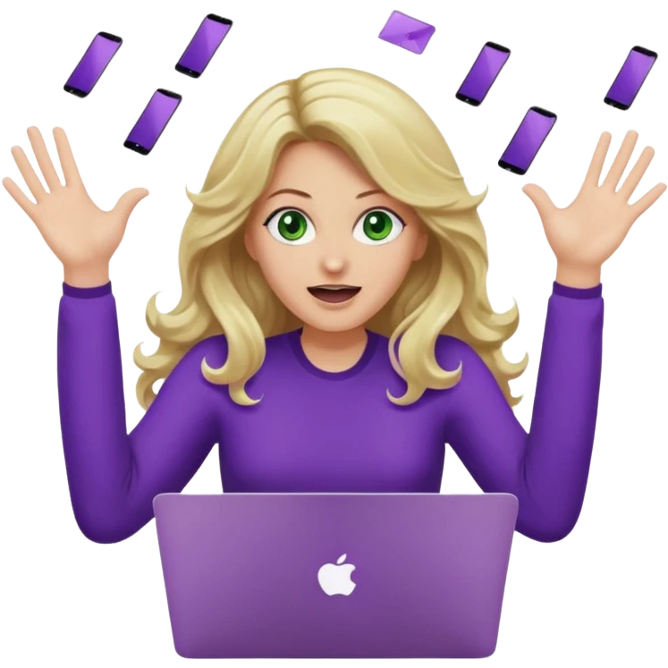lady with long wavy blonde hair, purple top, green eyes, throwing her with a purple mac laptop hands in the air screaming emoji
