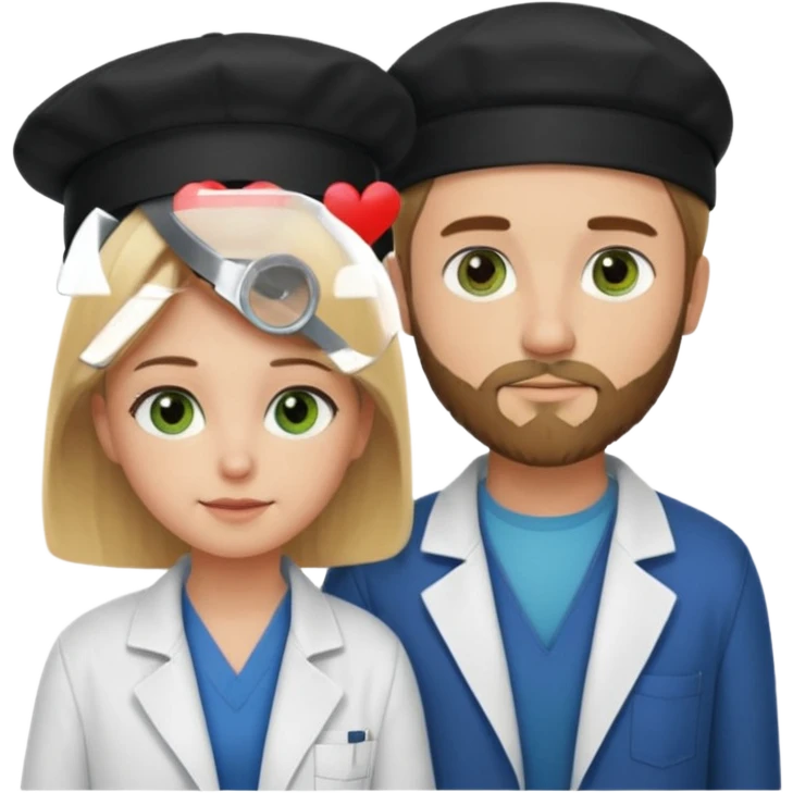 a blonde bearded guy wearing black cap, tall, fair skinned, brown eyes,  looking into the girls eyes who is short than him having green eyes and brown hair, who is in love with the guy, girl is wearing a lab coat, guy is wearing a brown jacket and blue jeans emoji