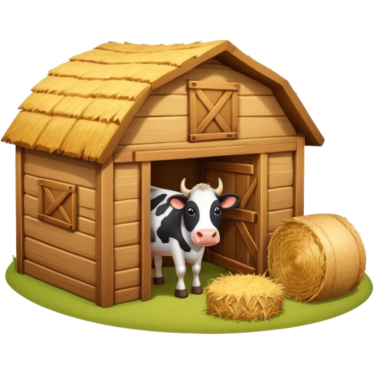cow barn object icon, wooden stable building, hay bales near entrance, warm light, farm style, 3D cartoon, mobile game icon style, centered, clean background, no text, no watermark
 emoji