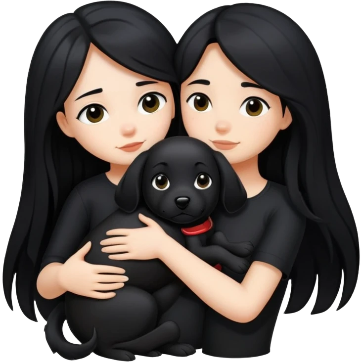 A girl with long black hair wearing black clothes hugs a black dog tightly emoji