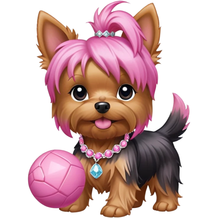 Pink flower with diamond in long hair yorkie playing fetch with pink ball pink necklace emoji