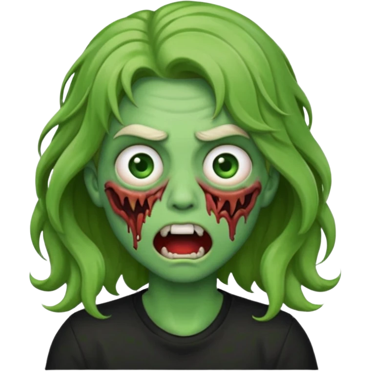zombi emoji with a wavy medium hair, mouth, nose, green skin, black shirt emoji