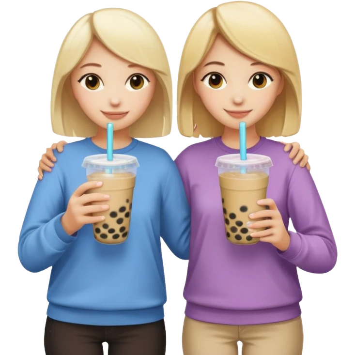 two friends, one blonde and one brunette, standing with their backs, hugging each other with one hand and holding bubble tea with the other, emoji style, both wearing casual clothes emoji