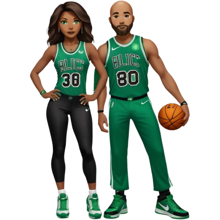 black woman and one white man: 48-year-old black woman with brown eyes, long dark brown balayage hair dressed in sexy 
celtics jersey costume outfit and stilettos with bald white man with ginger beard, and blue eyes, in a Jason Tatum Boston Celtics Jersey, jeans and matching Nike sneakers  emoji