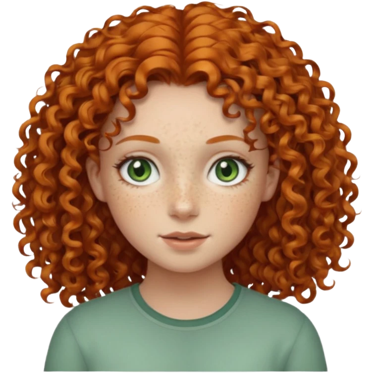 girl with a ginger curly hair with gray-green eyes and with freackles emoji
