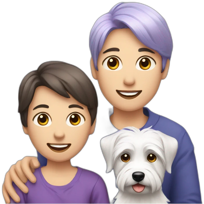 Family picture woman with purple/gray hair, aduld son with dark brown hair and West Highland White Terrier emoji