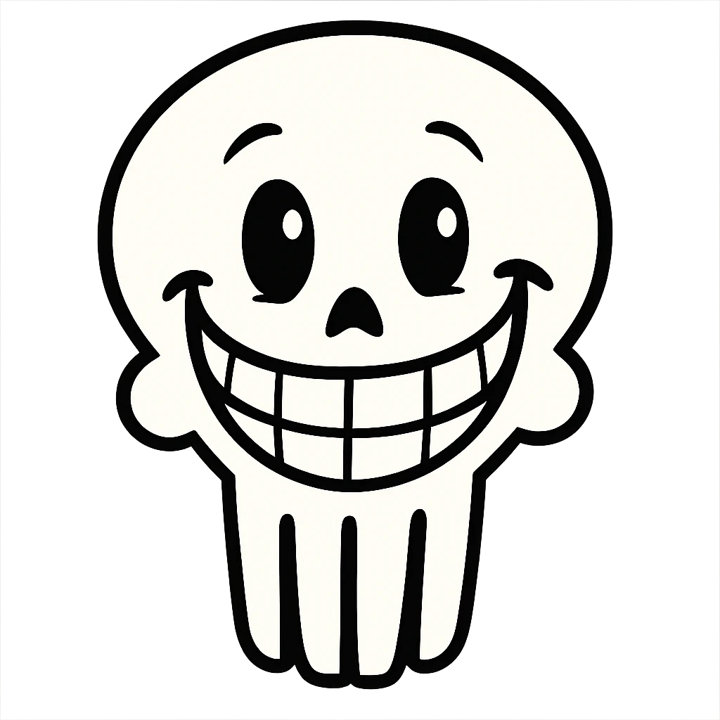 a Punisher skull looking cheerful and welcoming, with a big smile emoji