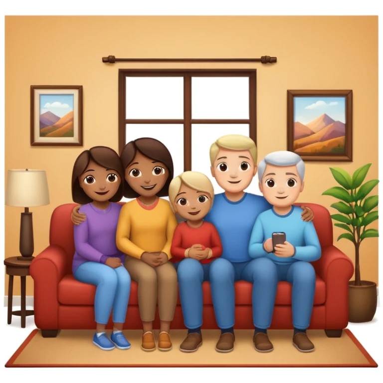 family posing for photo, living room background emoji