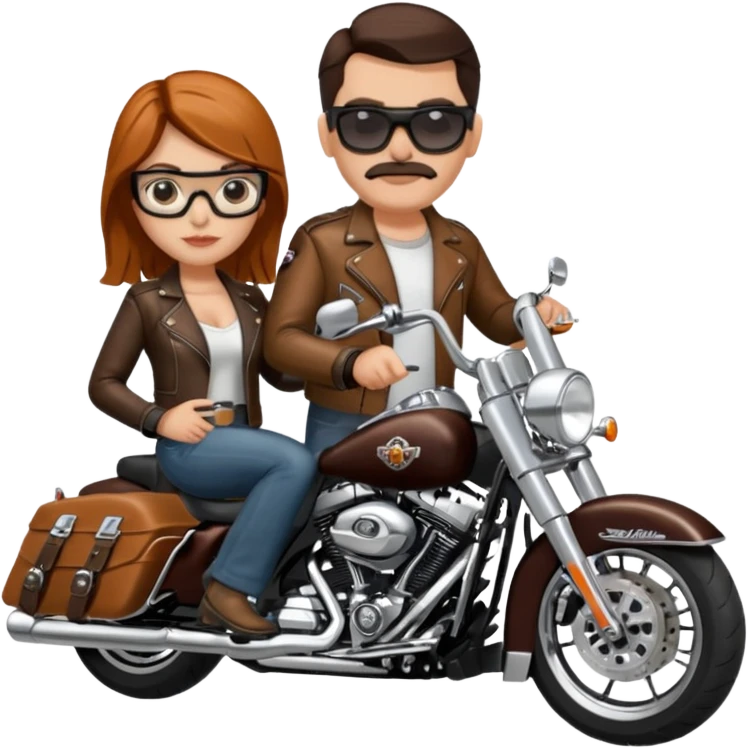Un couple de biker sur une harley road king noire, l'homme a une paire de lunettes demetz ros21, la fille a des cheveux plus dans les tons chatain emoji
