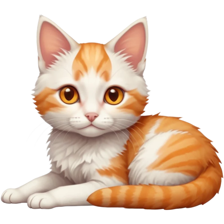 full body of very small + skinny ginger and white kitten with deep orange eyes and triangular shaped face lying down emoji