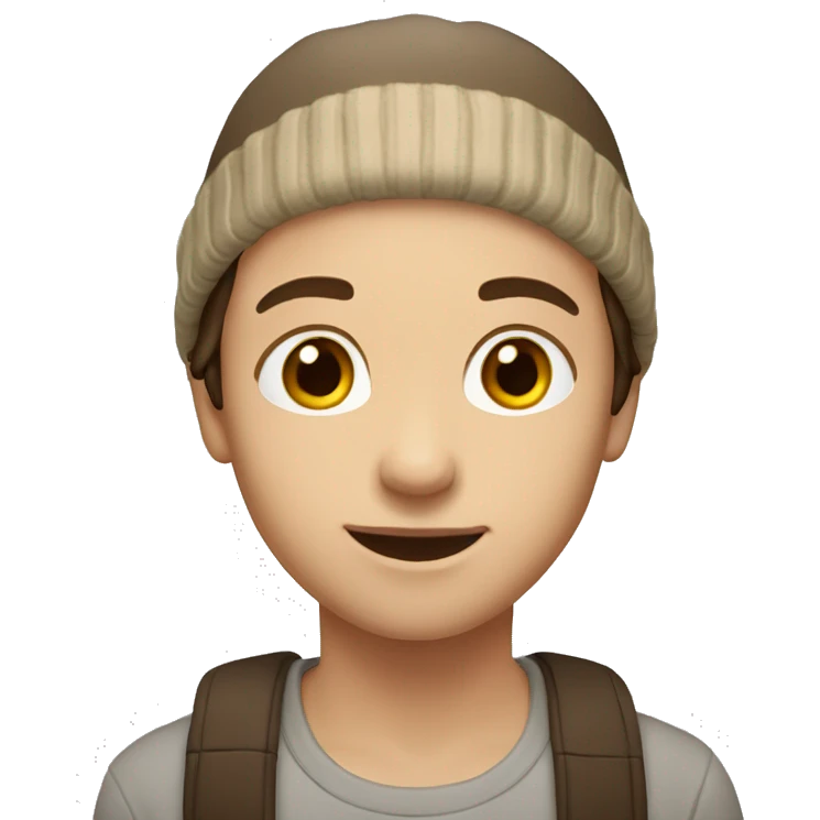 Head only, medium-length brown hair, beige beanie, round eyes, soft smile. emoji