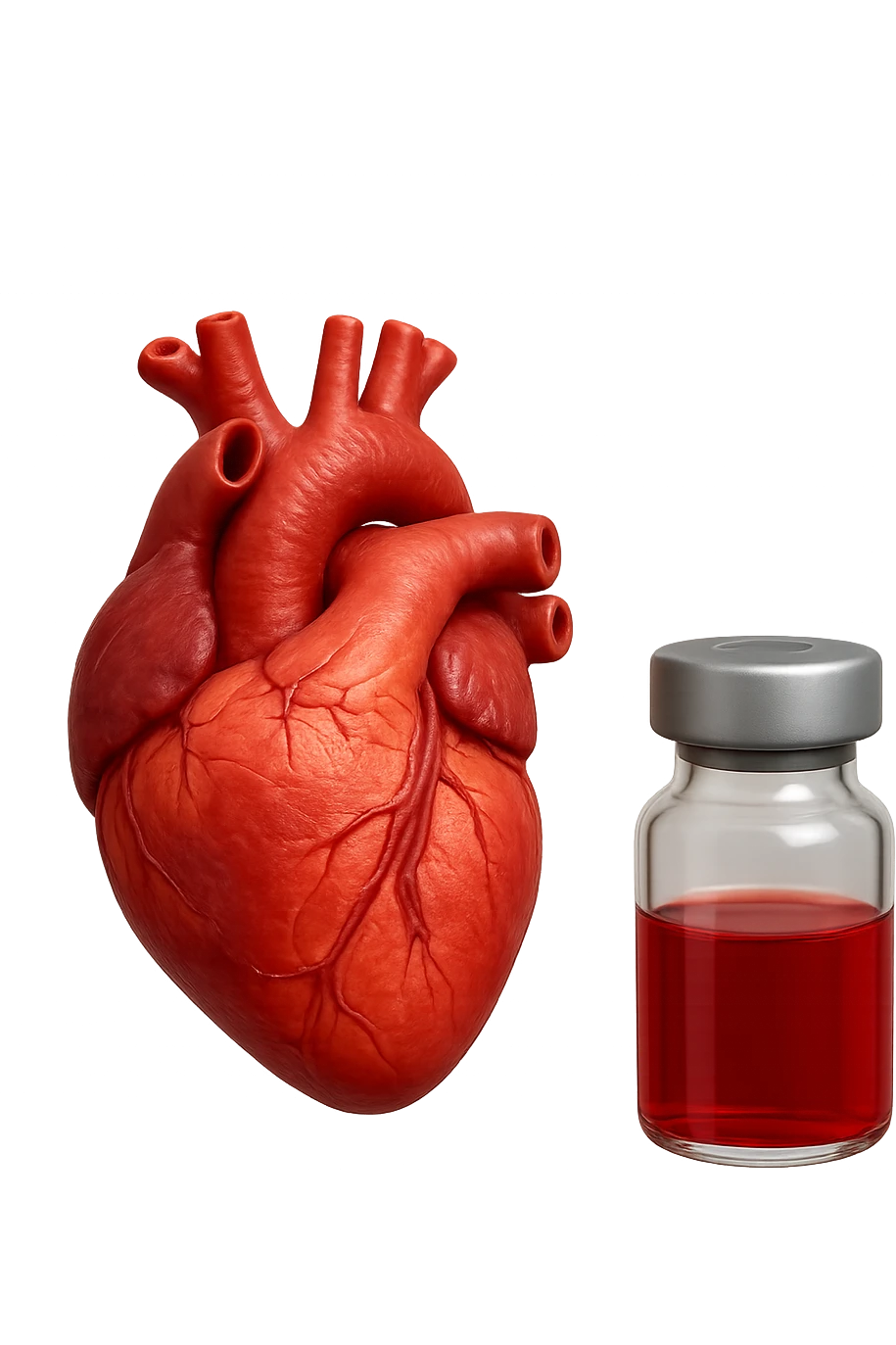 emoji stile iphone di cuore anatomico realistico in 3d che fluttua in aria insieme a una boccetta di fiala medica, FALLO MOLTO REALISTICO IN 3D emoji