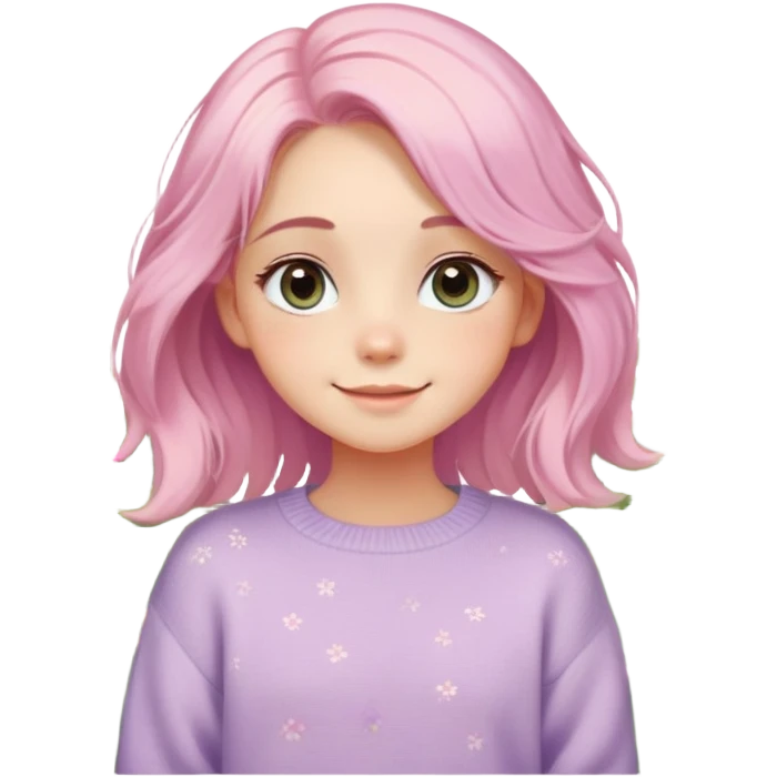 A half-body portrait of a girl with big, sparkling eyes and soft, pastel-colored hair styled in loose waves. She’s wearing a cute, oversized sweater with a playful smile, standing in a sunny garden filled with flowers emoji