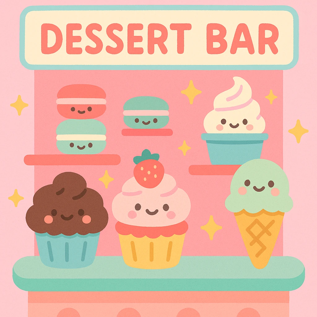 cartoon dessert bar, pastel colors, kawaii style, sparkles, happy expression emoji
