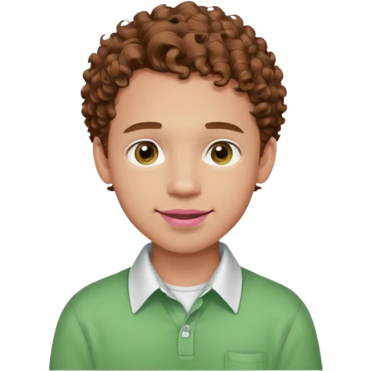 emoji of a young man with light skin, big brown eyes, soft smile with braces, full pink lips, curly hair, warm gaze, wearing a green shirt with white collar emoji